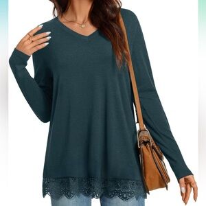 V-Neck Long Sleeve Lace Hem Tunic Teal Green NWT - XXL